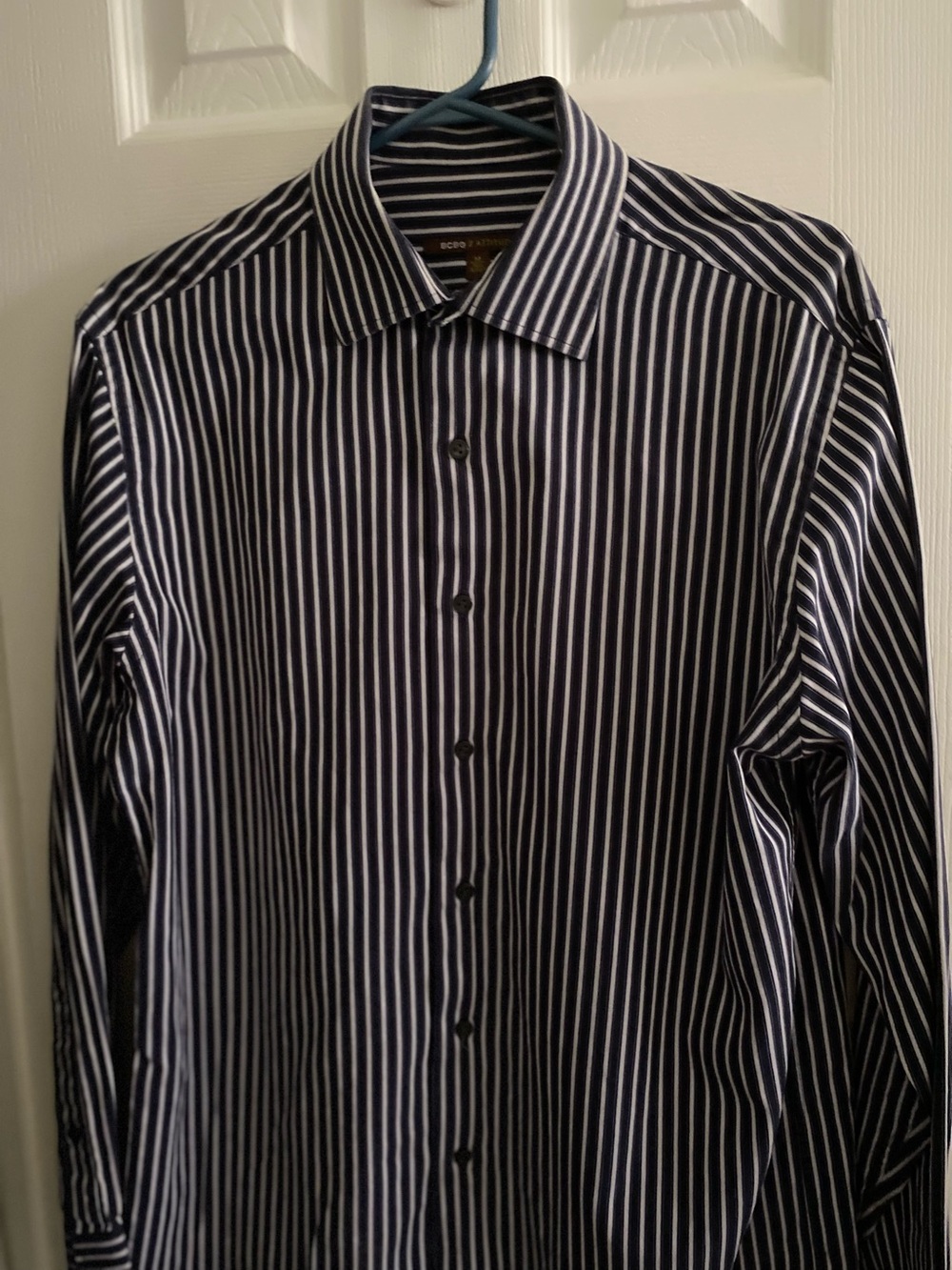 BCBG Navy and White Vertical Stripe Dress Shirt
